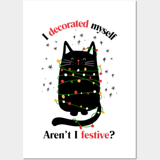 Funny Christmas Cat Wrapped in Lights, Festive Feline Posters and Art